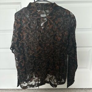 Chico's Black Sheer Blouse with Brown Gold Swirl Embroidery Size 2